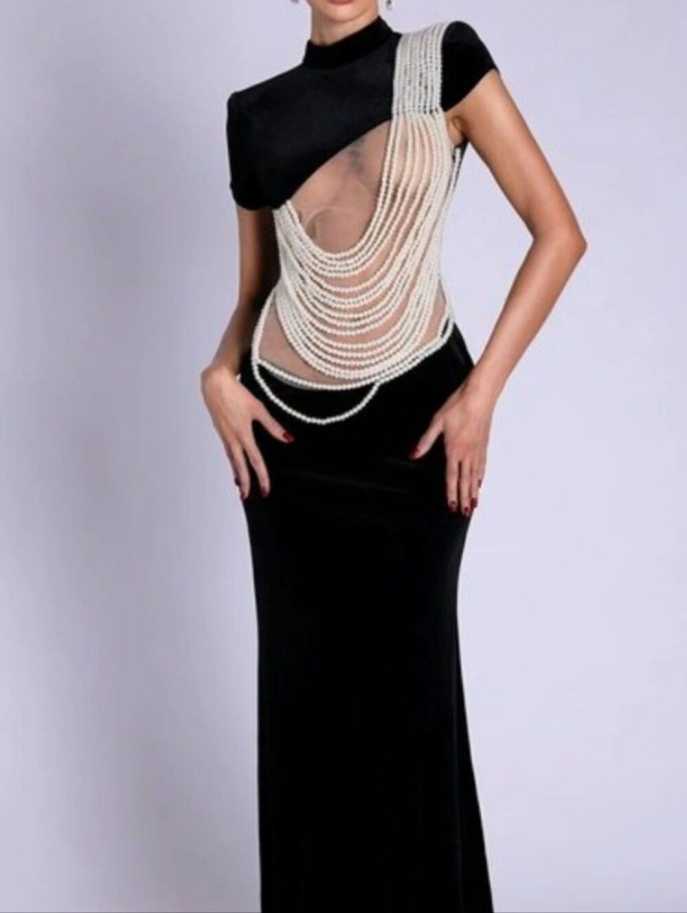 Mew Mews  Black Velvet Prom Dress with Pearl Beaded Bodice - Picture 2 of 14